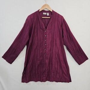 Chicos Womens Tunic Shirt XL Long Burgundy Pleated Gauzy Boho Chico 3 Beachy